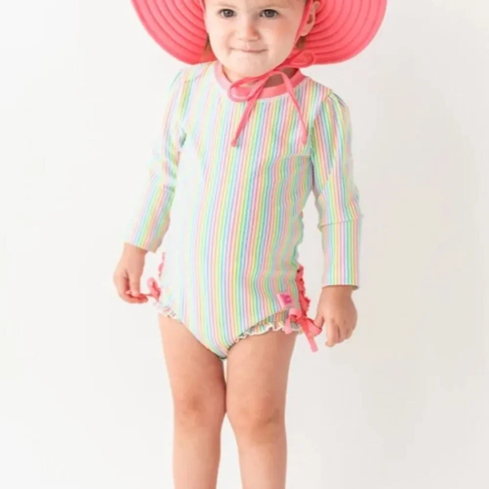 Ruffle Butts Rainbow Seersucker Long Sleeve One Piece Rash Guard 6-12Months Nwt